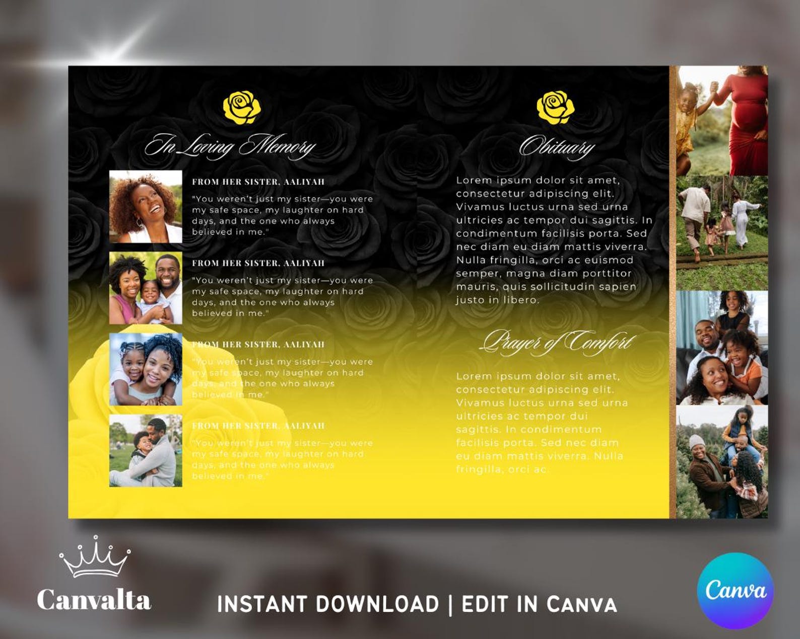 Yellow Roses Funeral Vector Black & Yellow Roses Funeral Template | 8-page Memorial Brochure ...