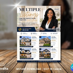 Puede incluir: Una plantilla de folleto inmobiliario con el texto Multiple Listings, Find the Perfect Home That Fits Your Lifestyle y Jessica Martin Realtor. El diseño incluye cuatro imágenes de casas con detalles, un número de teléfono y un código QR.