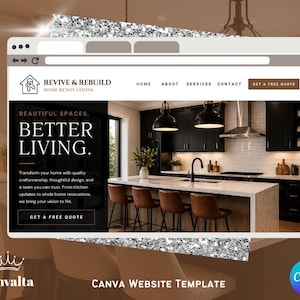 Könnte beinhalten: Eine Website-Vorlage für Wohnungsrenovierungen, die ein modernes Küchendesign mit schwarzen Schränken, einer weißen Arbeitsplatte und braunen Barhockern zeigt. Die Überschrift der Website lautet "BETTER LIVING". Die Website enthält auch den Text "REVIVE & REBUILD HOME RENOVATIONS."