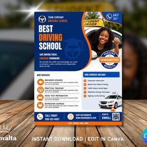 Op de afbeelding: Een blauwe en witte flyer voor een rijschool met de tekst Best Driving School, Safe Driving Today, Confident Tomorrow en Passing Guaranteed Results. Het bevat iconen voor lessen, training en contactgegevens met een QR-code.
