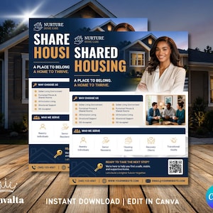 May include: A flyer for Nurture Home Care, promoting shared housing. The design features a woman in a blazer, a house image, and text that reads "Share Housing, A Place to Belong, A Home to Thrive." Includes contact information.