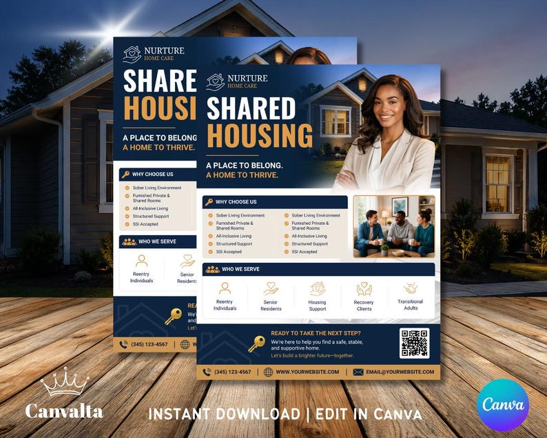 May include: A flyer for Nurture Home Care, promoting shared housing. The design features a woman in a blazer, a house image, and text that reads "Share Housing, A Place to Belong, A Home to Thrive." Includes contact information.