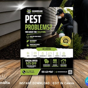 May include: An advert for pest control services, featuring a technician spraying a house. The text reads "PEST PROBLEMS? WE HAVE THE SOLUTION." It promotes eco-friendly solutions and a special offer for the first service.