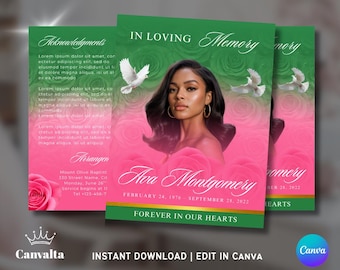 Black & Pink Green Roses Funeral Template | 8-Page Memorial Brochure | Celebration of Life Canva Template