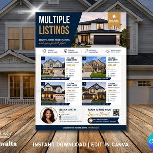 Op de afbeelding: Vastgoedflyer met de tekst "MULTIPLE LISTINGS" en "Find your perfect place." Het bevat afbeeldingen van huizen, een foto van een makelaar en contactgegevens. Inclusief het Canva-logo en de tekst "INSTANT DOWNLOAD | EDIT IN CANVA."