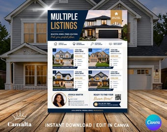 Real Estate Multiple Listings Flyer | Property Listing Flyer | Realtor Marketing Ad | Open House Flyer | Editable Canva Template