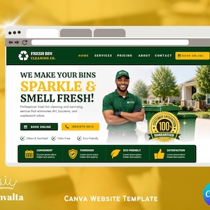 May include: A website template for Fresh Bin Cleaning Co. featuring a green and white color scheme, text reading We Make Your Bins Sparkle & Smell Fresh, a service provider in a green polo shirt, green trash bins, and a 100% customer satisfaction badge.
