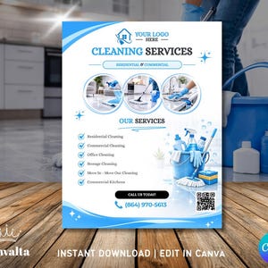 May include: A blue and white flyer promoting cleaning services. The flyer includes the text "Cleaning Services" and "Our Services", with icons representing residential, commercial, office, storage, and kitchen cleaning. A phone number and QR code are also included.