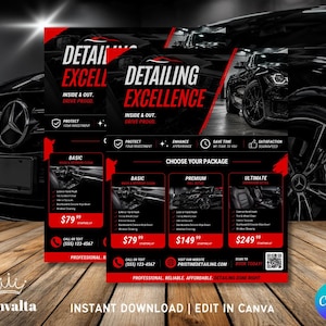 May include: A promotional graphic for car detailing services. The design features a black car, red and white text, and package options. The text includes "Detailing Excellence" and "Inside & Out. Drive Proud."