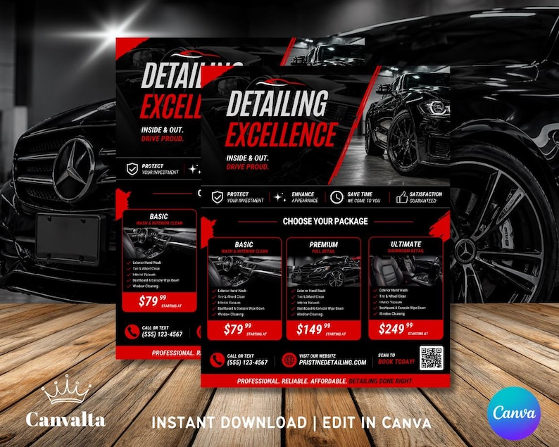 May include: A promotional graphic for car detailing services. The design features a black car, red and white text, and package options. The text includes "Detailing Excellence" and "Inside & Out. Drive Proud."