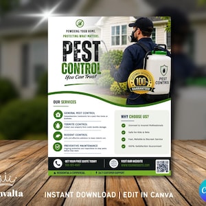 May include: A pest control service flyer featuring a professional in a dark uniform with a white and green backpack sprayer. The text reads PEST CONTROL, Powering Your Home, Protecting What Matters, You Can Trust, Our Services, and Why Choose Us.