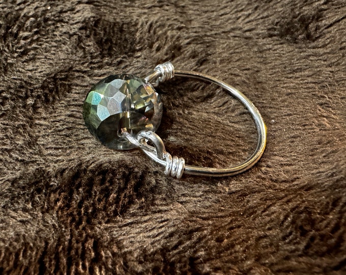 Gifts Under 20 dollars-Geometric ring-Gray crystal bead-Unique jewelry-Everyday jewelry-Festival jewelry-Size 7 1/4-