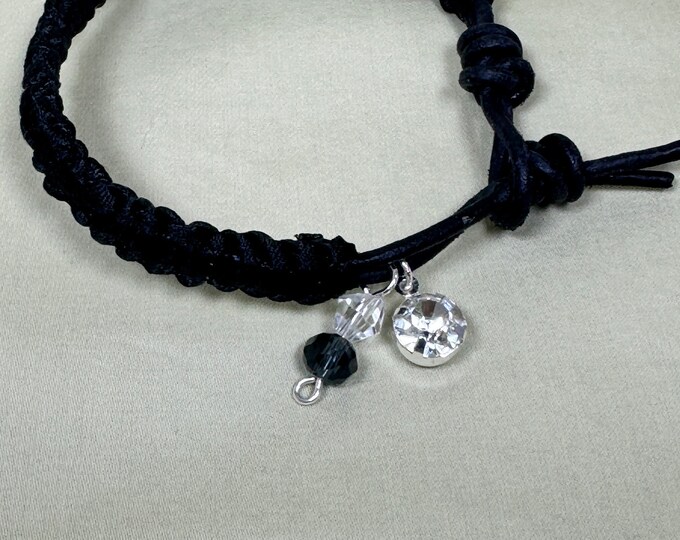 Black ribbon bracelet-black leather macrame bracelet-black bracelet-macrame bracelet-silver lobster claw-silver rings-leather closure