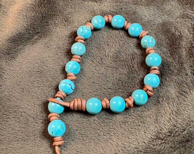 Tan leather bracelet-bohemian bracelet-turquoise beads-knotted leather bracelet-gifts-valentines Day-leather hook closure-size 8”