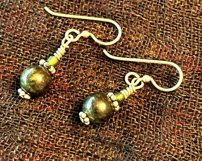 Handcrafted Dainty Green Jasper gemstone  beaded earrings with Sterling Silver French ear wires. Gifts for you, your mom, her.