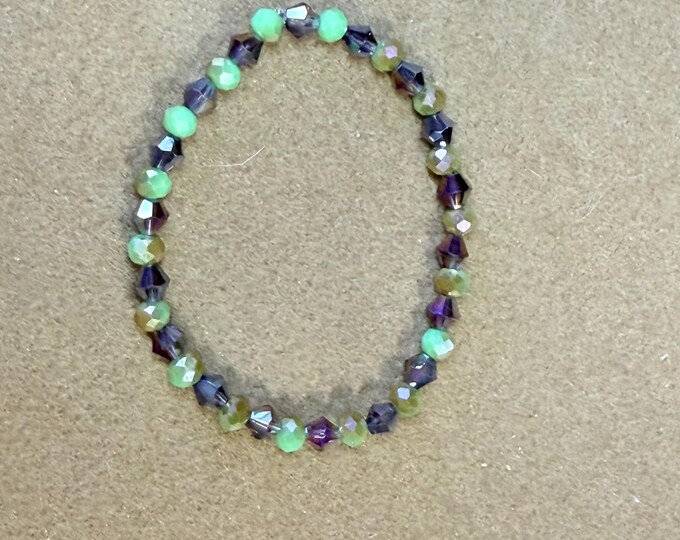 Crystal purple and green beaded bracelet-slide on bracelet-elastic stretch bracelet-7 1/2”