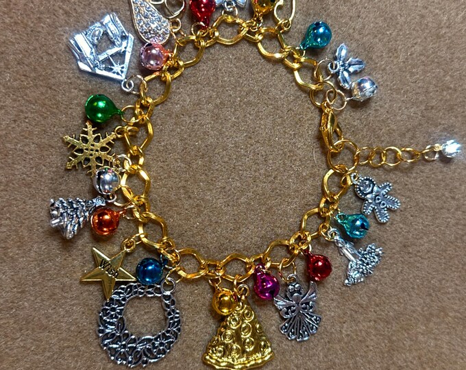 Christmas bracelet -charm bracelet -8”-Christmas charm in gold and silver-different metals-bell charm-magnetic closure