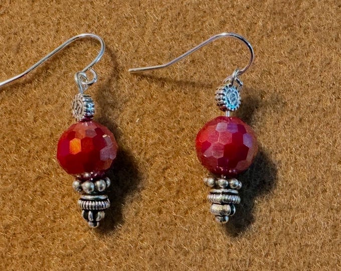 Faceted earrings-silver beaded earrings-dainty beaded earrings-red beaded earrings-silver earrings-handmade-1 1/4” drop