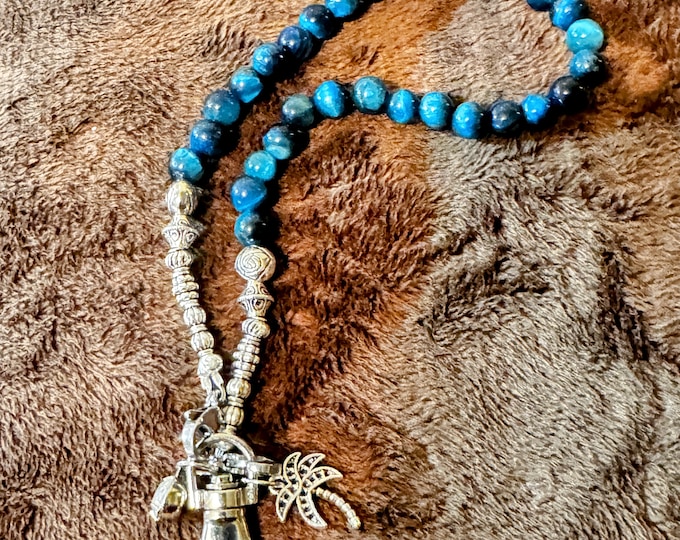 Wristlet lanyard for phones-teal tiger eye beaded lanyard-silver color charmed lanyard-large silver closure-lanyard wristlet