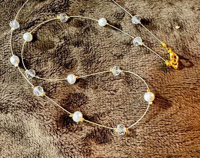 Illusion necklace-white freshwater 6 mm Pearl necklace-clear crystal beaded necklace-gold lobster claw closure-Gifts for her-20”