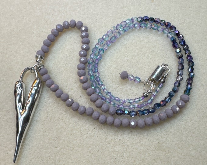 Purple faceted beaded necklace-modern version of silver heart pendent-wicked heart-26” necklace-2 1/2” pendant