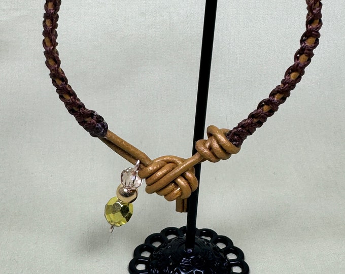 Gold leather bracelet-dark brown Irish linen macrame bracelet-macrame bracelet-leather closure