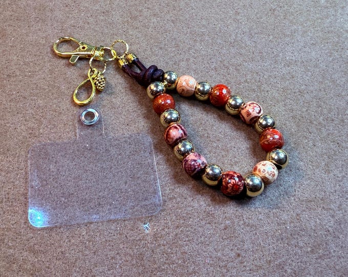 Lightweight gold and wood beaded lanyard-wooden lanyard-phone holder-Lobster claw closure-Phone tether-5”-charms are gold