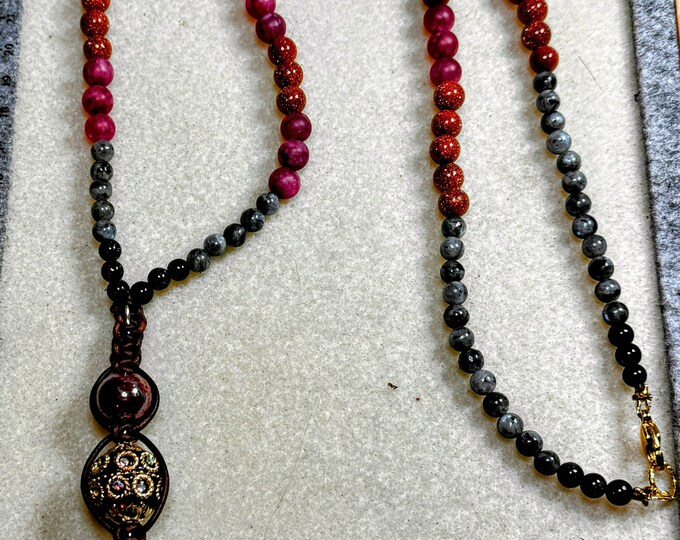 Blue, raspberry and gray beaded necklace-beaded tassel pendant-sparkly beaded necklace-leather macrame pendant-layered statement necklace