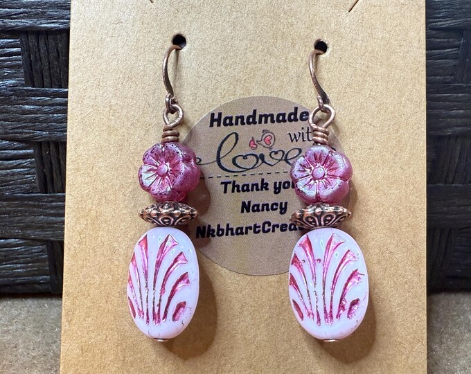 Pretty in pink earrings-Czech glass beads-1 1/2”-3 beads-French hook -flower beads