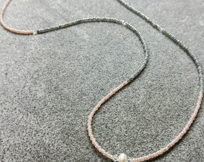 Minimalist necklace-layered metallic seed beaded necklace-freshwater pearl beaded necklace- lobster claw closure-charms