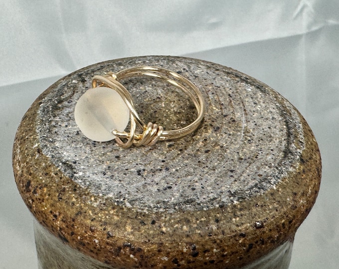 Gifts under 20 dollars-Boho wire wrap ring-gold wire ring-gold wrapped ring-gold statement ring-white matted beaded ring-size 8-18 gauge
