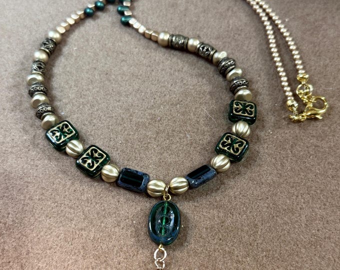 A 24” necklace-glass beads-green and gold antique beads-chain necklace-vintage beads-lobster claw closure-pendant with two drop beads
