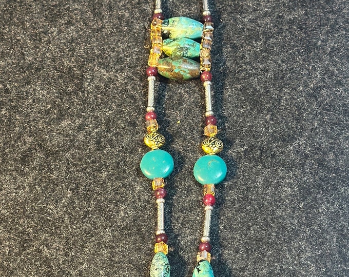 Lariat necklace-layered necklace-turquoise beaded necklace-toggle closure necklace-Handmade