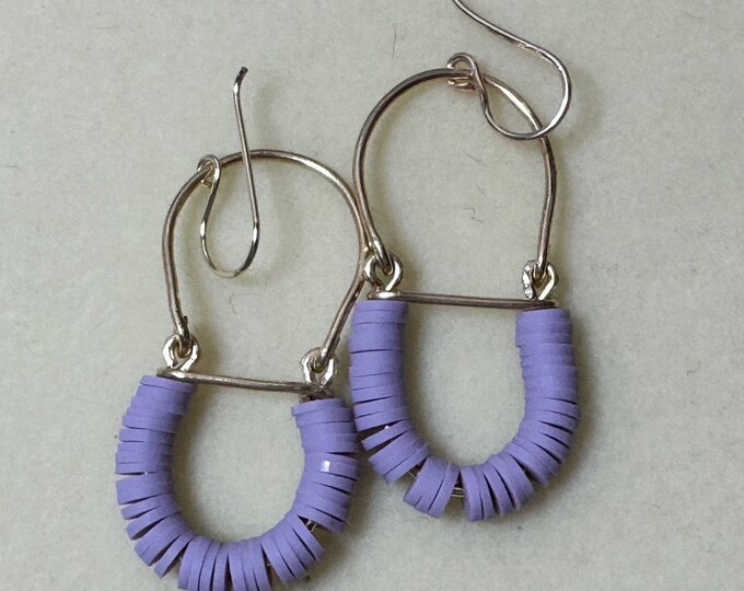 Gold wired oval-shaped hoop earrings-lavender clay polymer beads on earrings-Fish hook.