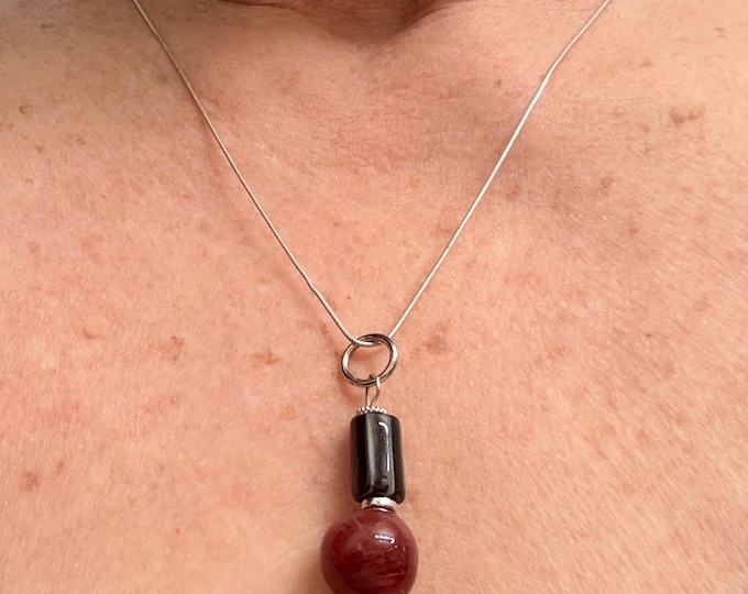 Silver chain necklace-small snake chain-pendant necklace-black and burgundy pendant-large lobster claw closure-20”