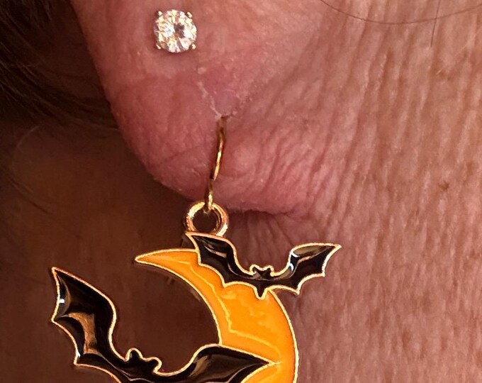 Bats and the yellow moon earrings --1” drop-gold French hook ear wire and findings.