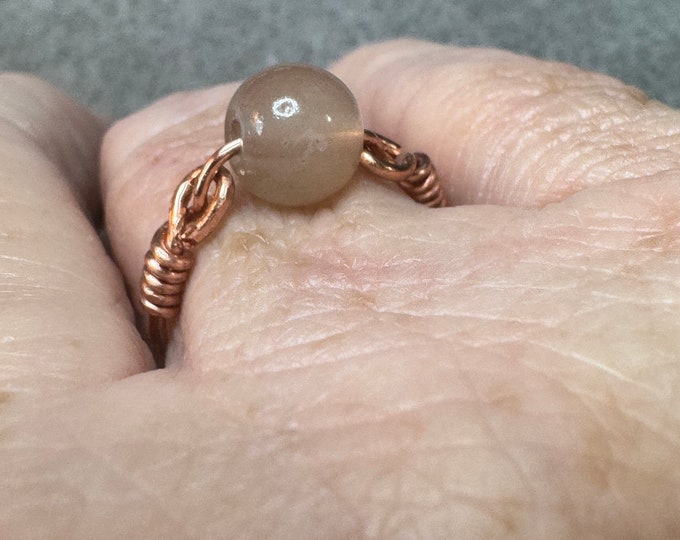 Gifts under 20 dollars- Artisan ring- copper wire solitaire ring-champagne glass bead-handmade copper ring-handcrafted ring-size 7 1/4”.