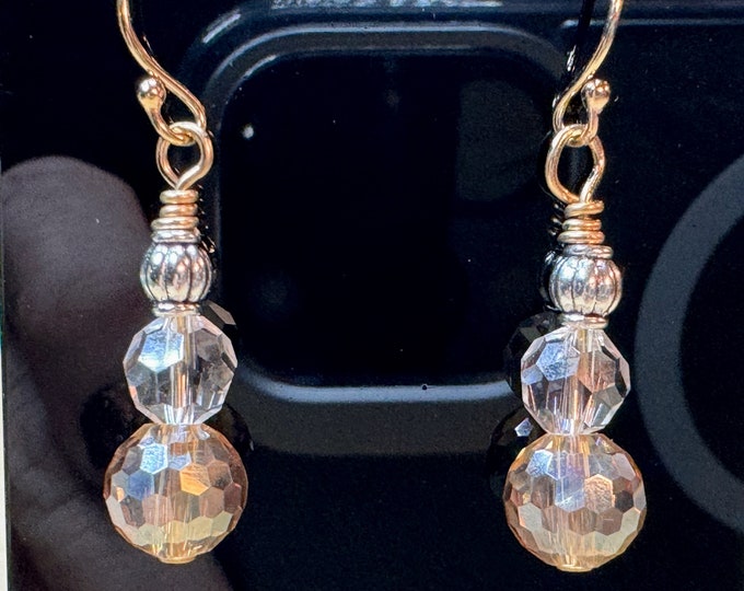 Gifts-Man made Gold Crystal earrings-Clear crystal and silver beaded earrings-gold French ear wires-gold wrapped wire earrings