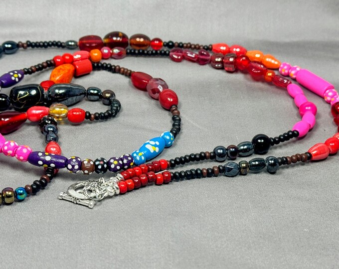 Red 48-inch multicolored necklace-glass beaded necklace-pendant necklace-Could be wrapped twice. Gift for her