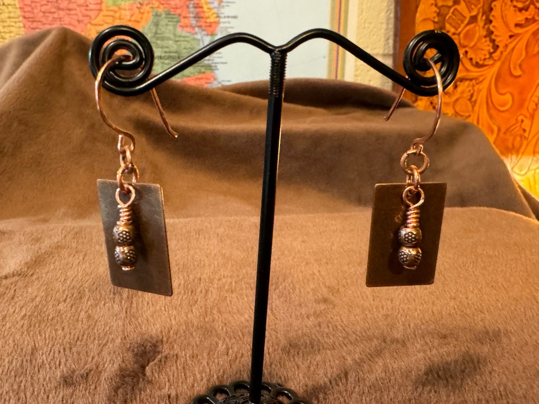 Rectangular Red Earrings Red Copper Rectangular Metal Earrings-copper Beaded Earrings-dangling ...