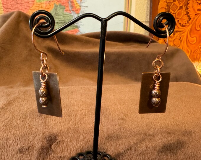 Red copper rectangular metal earrings-copper beaded earrings-dangling earrings-French hook earwires