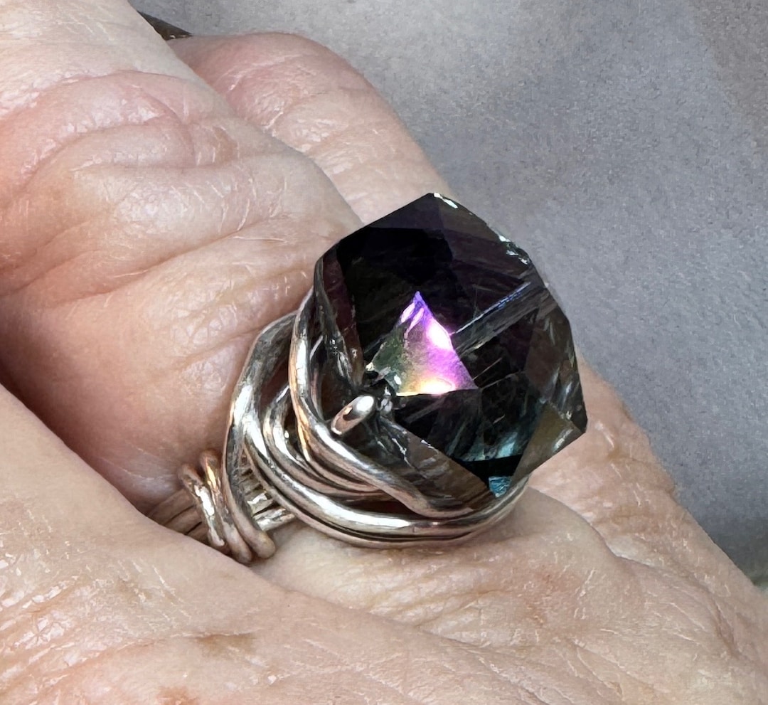 Large 10mm AB Blue Crystal Beaded Ring-silver Wrapped Ring-20 Gauge ...