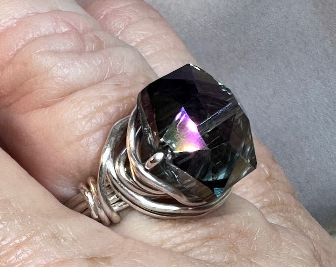Large 10mm AB blue crystal beaded ring-silver wrapped ring-20 gauge wire-size 8 1/2’