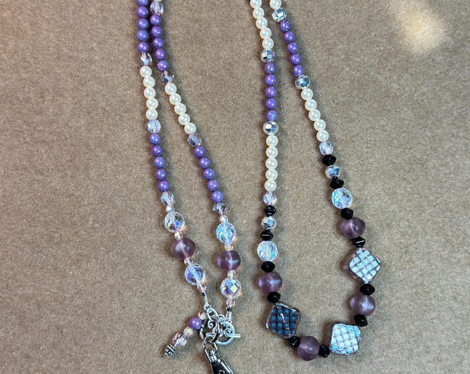 Purple checkered beaded necklace-white and purple beads-26” necklace