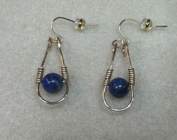 Gold wired oval-shaped hoop earrings-blue  wire wrapped bead-Fish hook. 1 1/2”