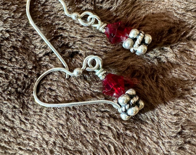 Crystal earrings-Sterling silver beaded earrings-dainty beaded earrings-red beaded earrings-crystal-silver earrings-handmade