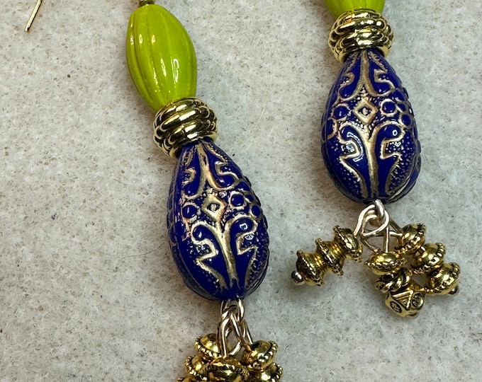 Fun party earrings-carved blue beaded earrings-blue and lime green earrings-gold accented earrings-gifts for mom-gifts for her.  2 3/4”