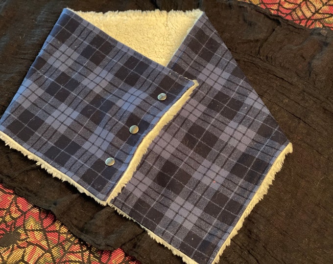 Blue and black plaid Pendleton Woolen scarf-shearling lined scarf-snaps to attach around your neck-Handmade.