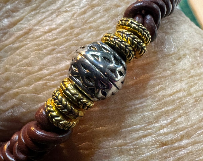 Adornment Leather bracelet-snake knotted bracelet-brown leather knotted bracelet-leather with silver charm