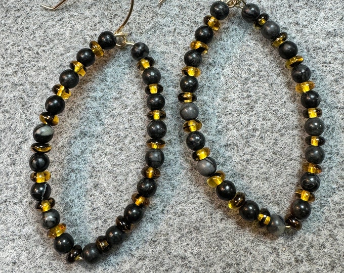 Gold oval shaped earrings-memory wire earrings -tiny dark beaded earrings-dark earrings